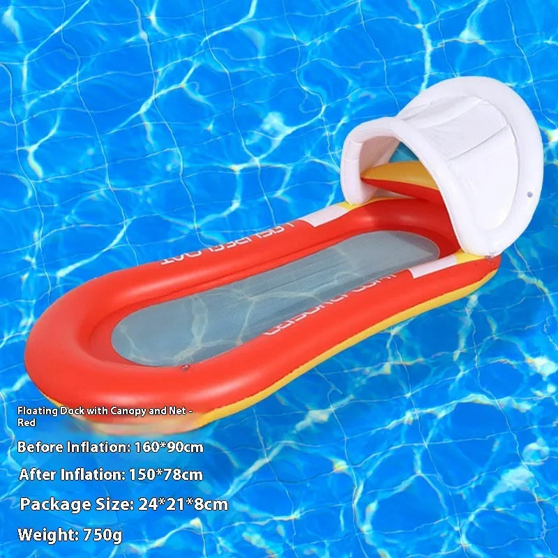 PVC inflatable floating row pool lounge in gradient sequin blue-purple wave design with canopy