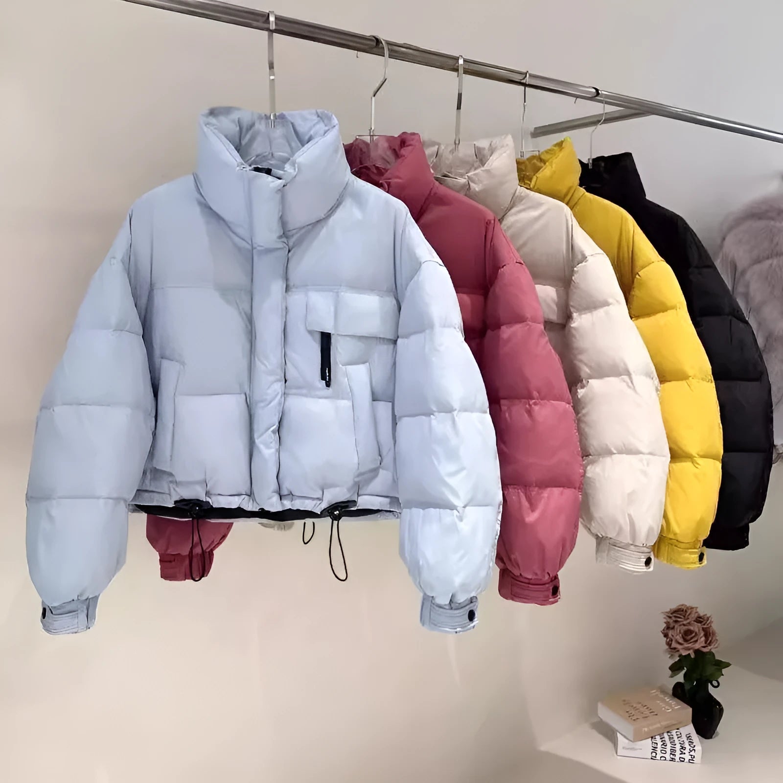 Korean-style stand collar short puffer jacket in yellow with princess sleeves and chenille fabric