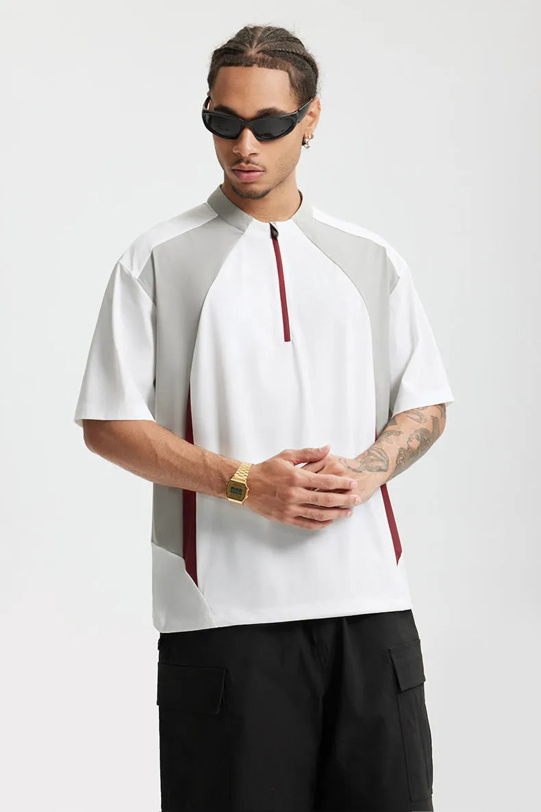 Men's solid colour lightweight polyester top with stitching detail, shown in black and beige for both long and short sleeves.