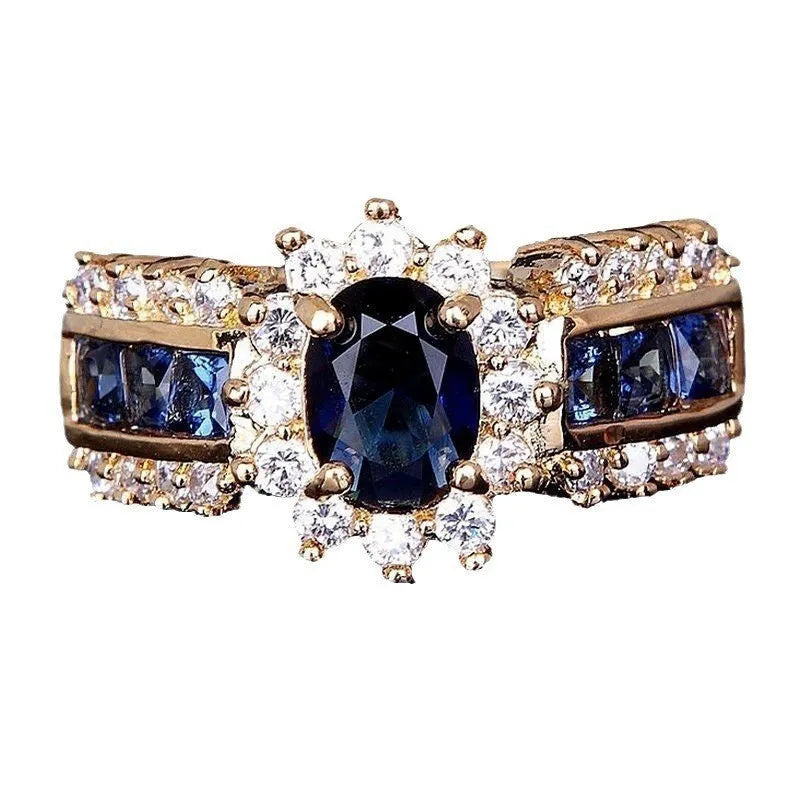 Zinc alloy personalised ring with sunflower blue diamond, square blue zircon, or square purple zircon stone options