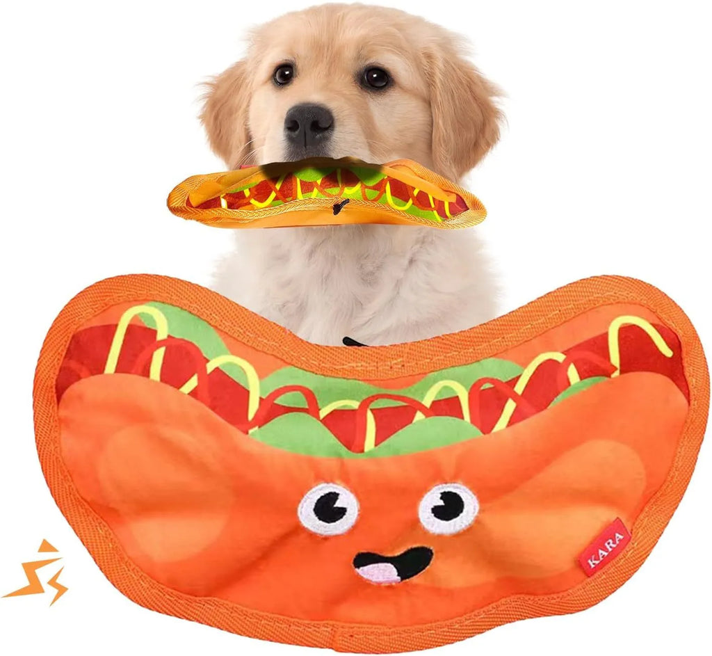 Hamburger-shaped dog toy with bright colours featuring crinkle and squeak sounds for interactive play