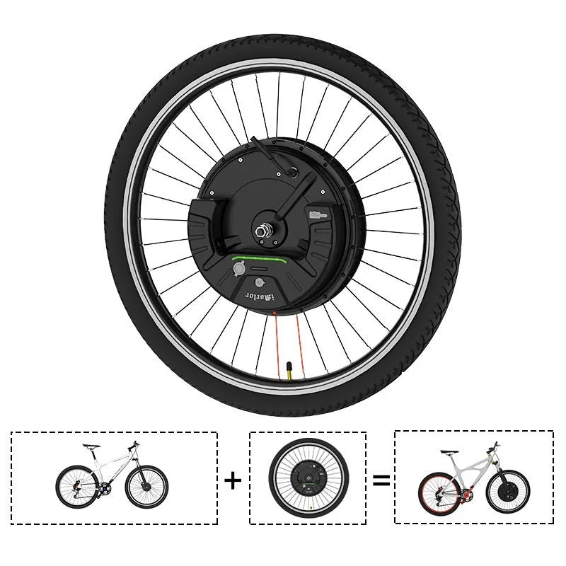 26-inch bicycle electric conversion kit showing hub motor wheel, lithium battery, and charger