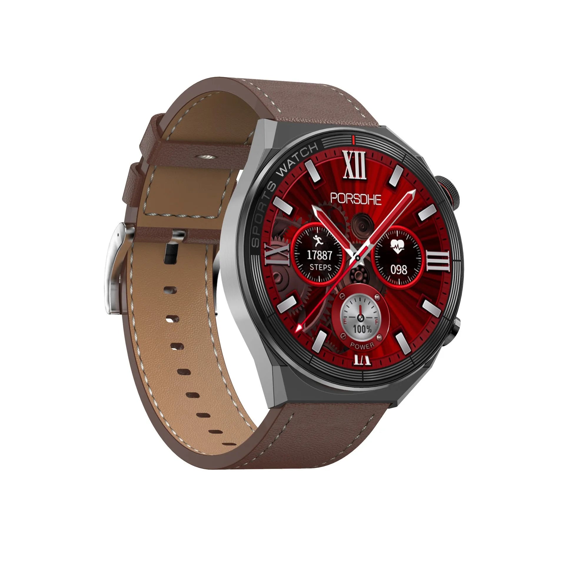 Black smart watch with large colour screen displaying time and notifications on a leather strap
