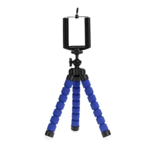 Black flexible octopus tripod with bent legs wrapped around a pole, holding a smartphone.