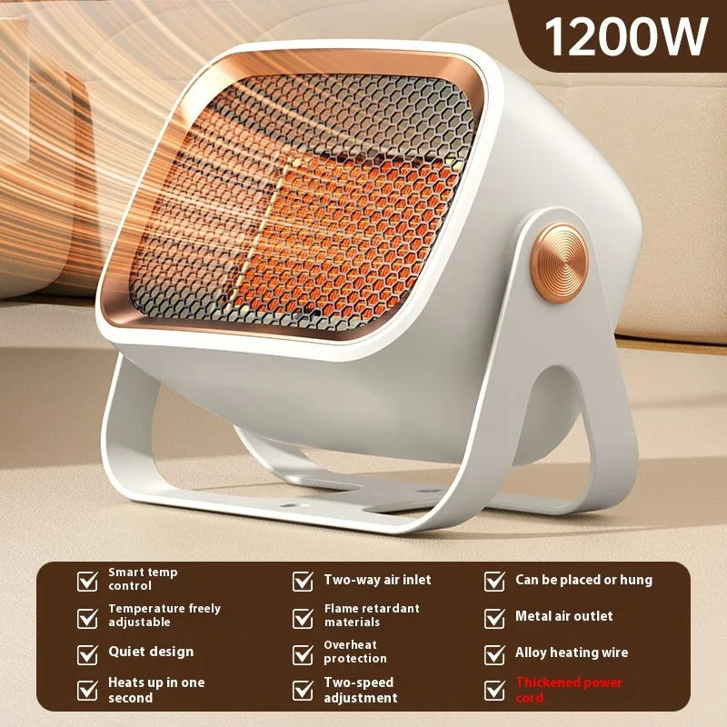 Compact white PTC ceramic desktop heater with oscillation function and push-button controls.