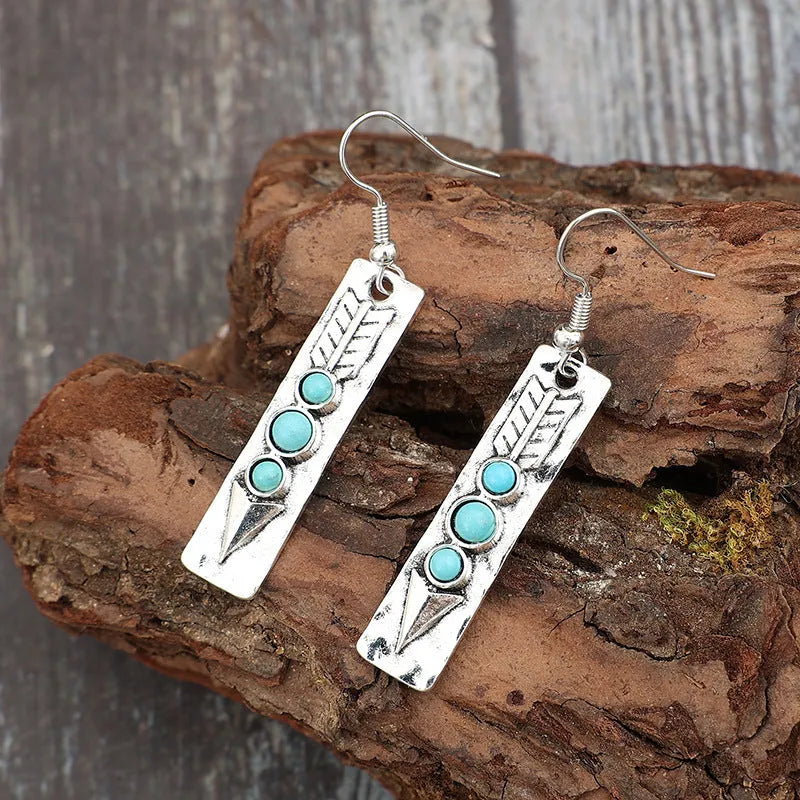 Silver geometric long strip earrings with turquoise stone inlays on zinc alloy base