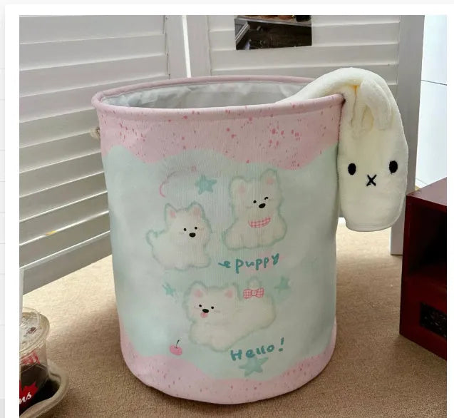 Foldable cotton laundry basket in a colourful design, shown unfolded for use.