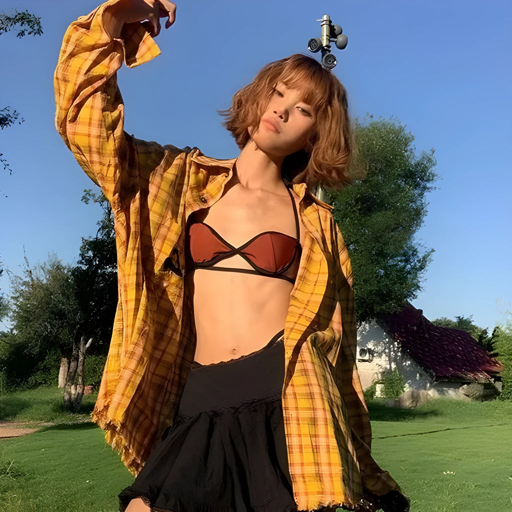 Dopamine yellow and black plaid pattern on a loose-fit men's and women's cardigan-style shirt.