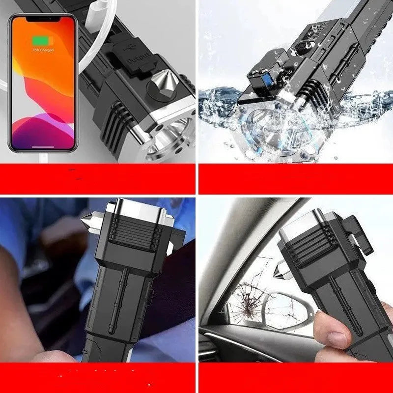 Silver portable LED flashlight with power bank function for outdoor use.