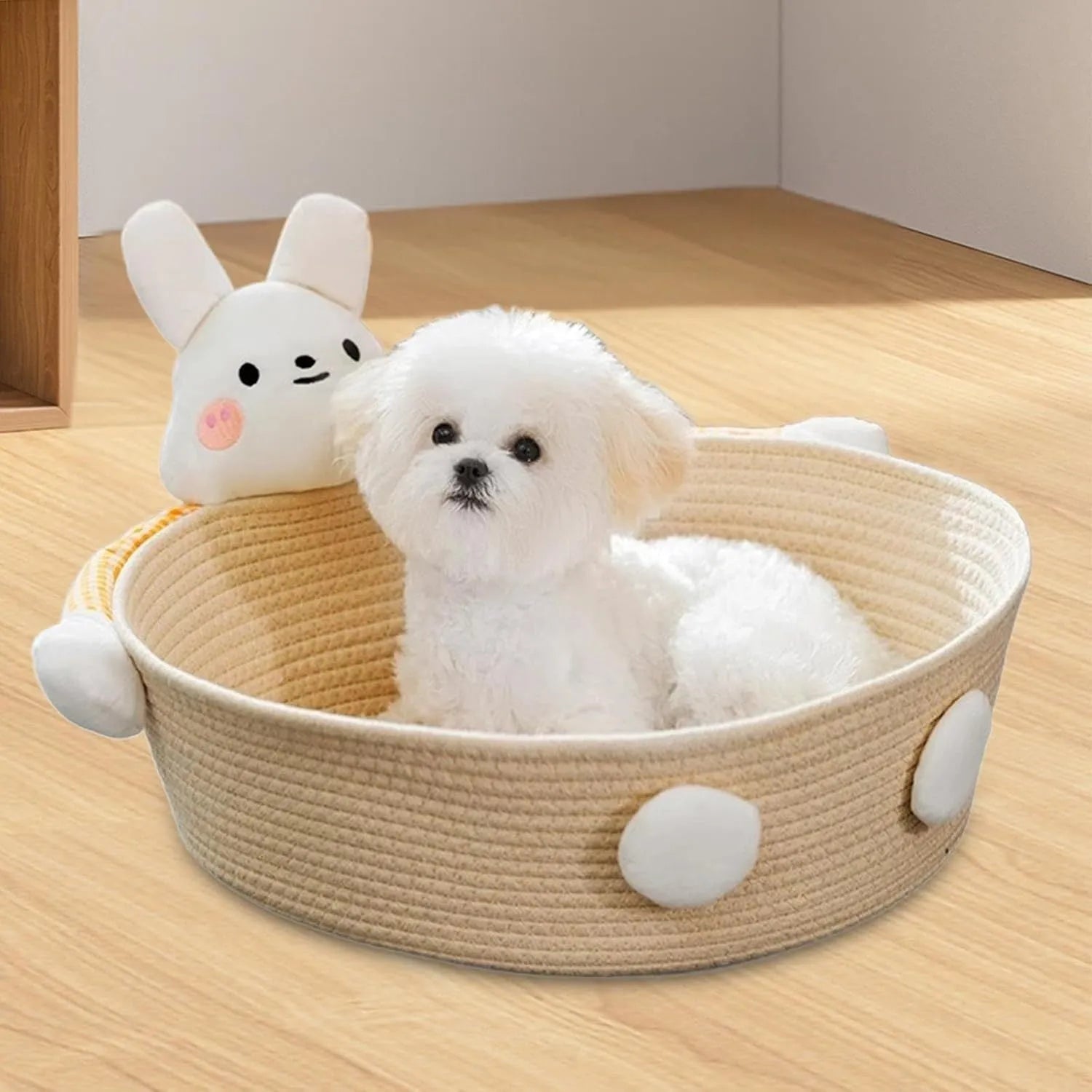 Woven cotton rope cat bed and scratching pad in bear design, showing basket shape.