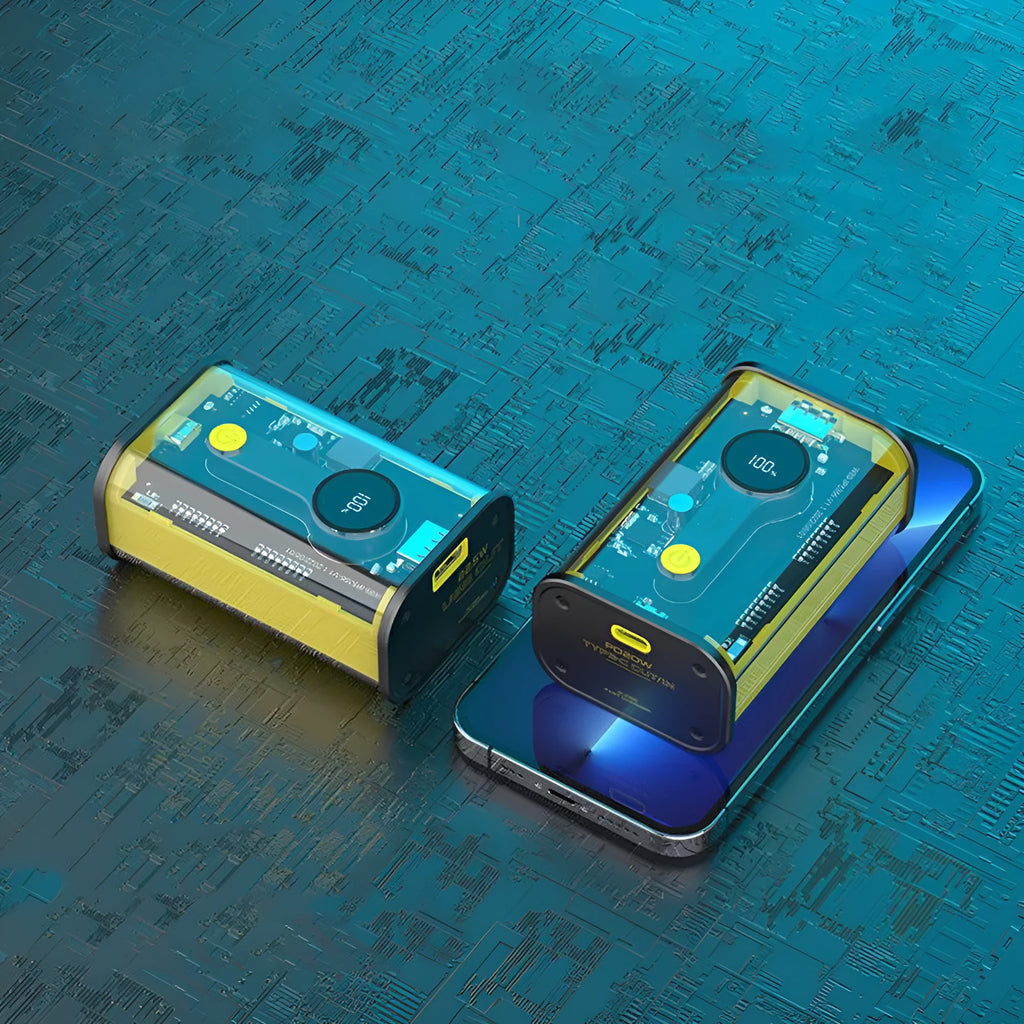 Transparent cylindrical aluminium power bank with 10000mAh capacity in black or yellow