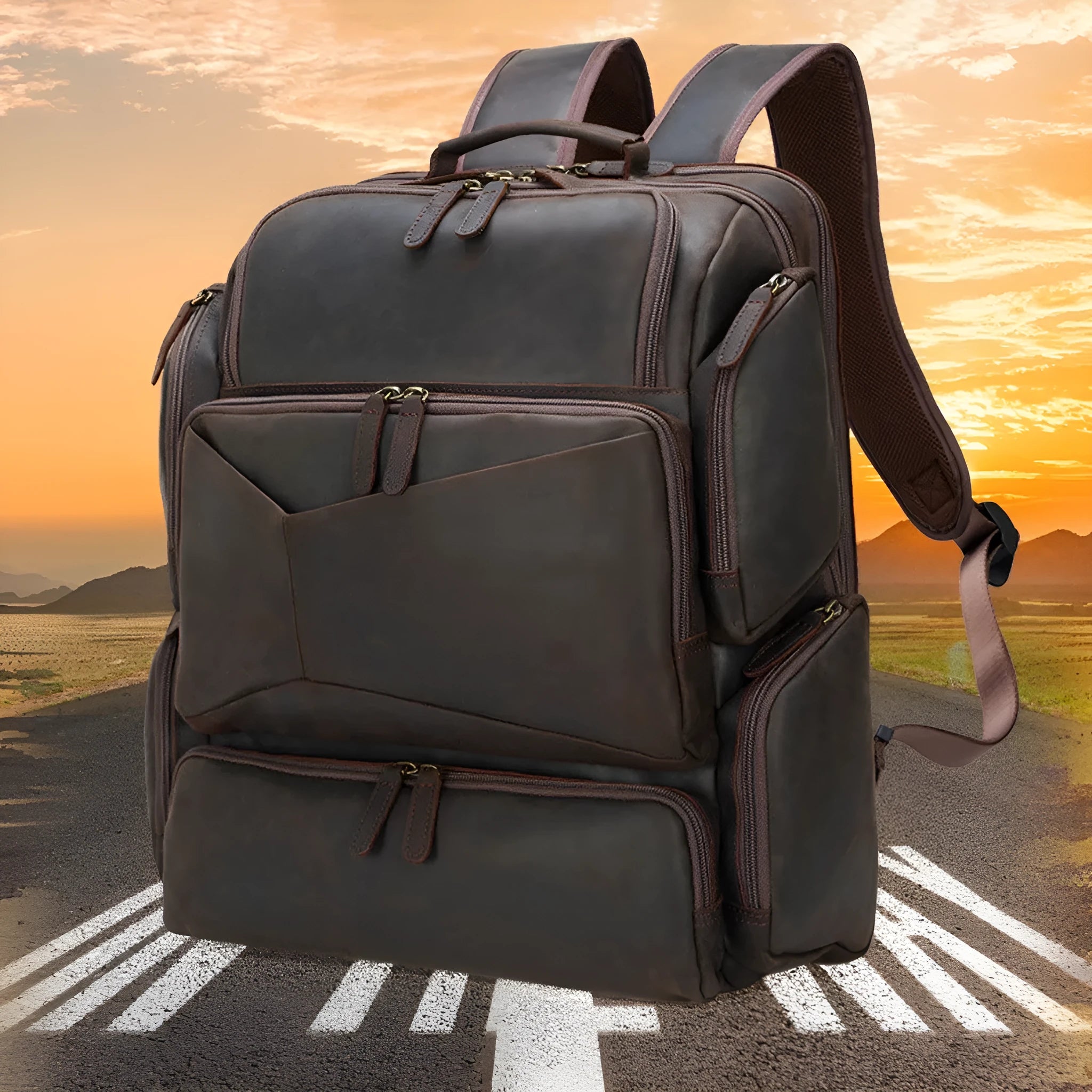 Dark brown genuine cowhide leather backpack with 17-inch laptop compartment and multiple internal organisers