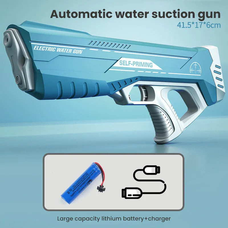 Blue plastic electric space water gun with automatic water absorption for pool and beach play.