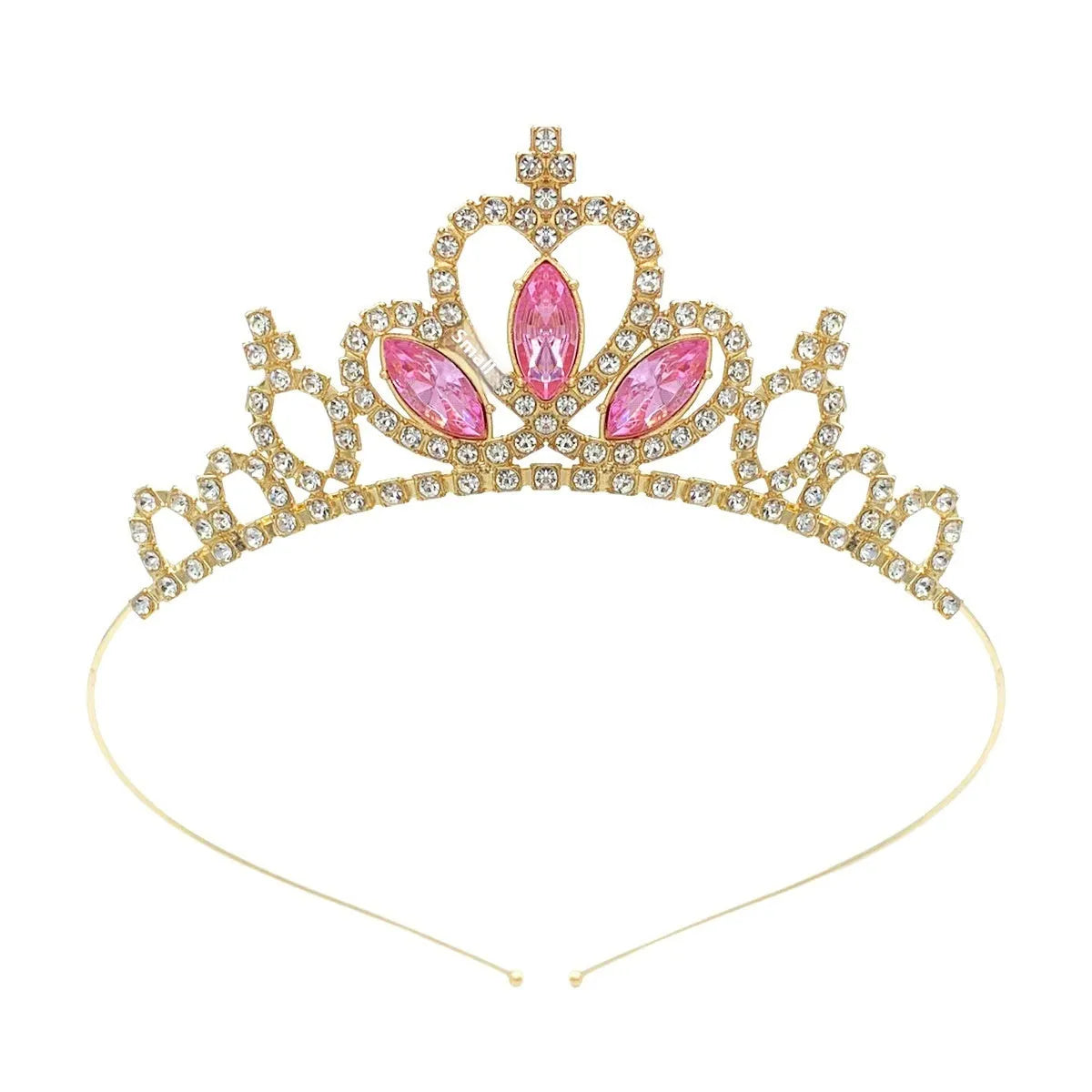 Girl's electroplated alloy princess crown headdress in gold and silver colour variations with gemstone-effect finishes.