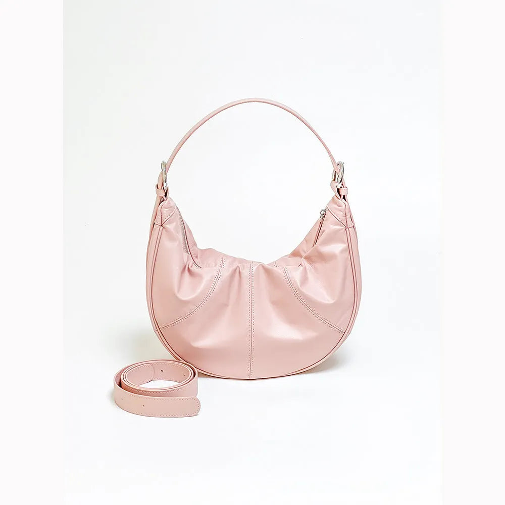 Women's dumpling-shaped shoulder bag in genuine first layer cowhide leather with cotton lining and sandwich pockets