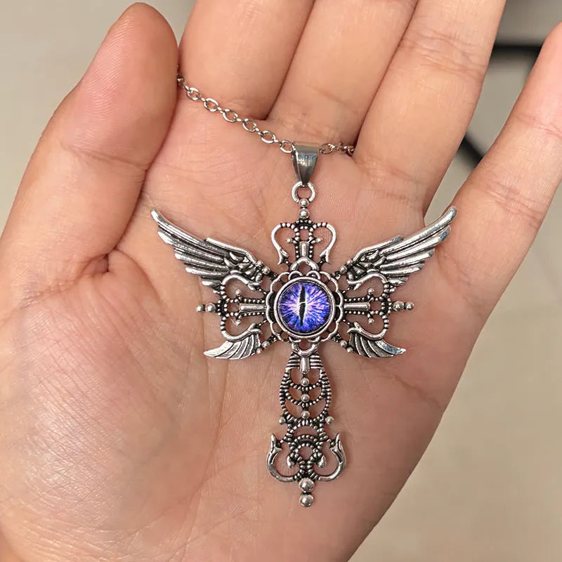 Alloy geometric pendant necklace with devil wings and cross design in blue, green, purple, red, or yellow