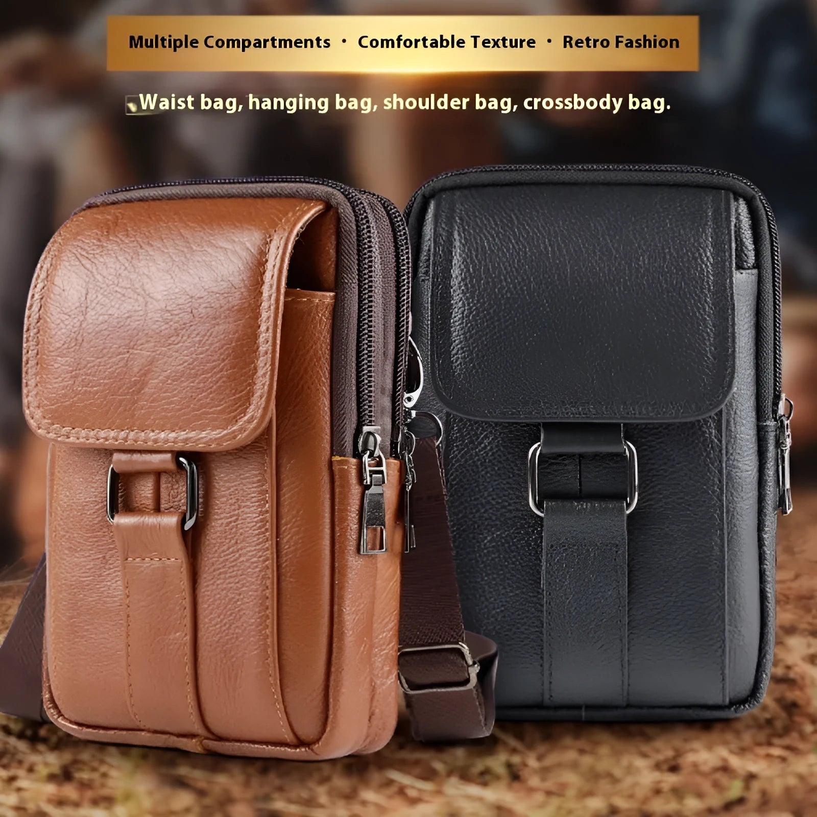 Men's genuine leather crossbody waist bag with lock detail and vertical square design in dark brown