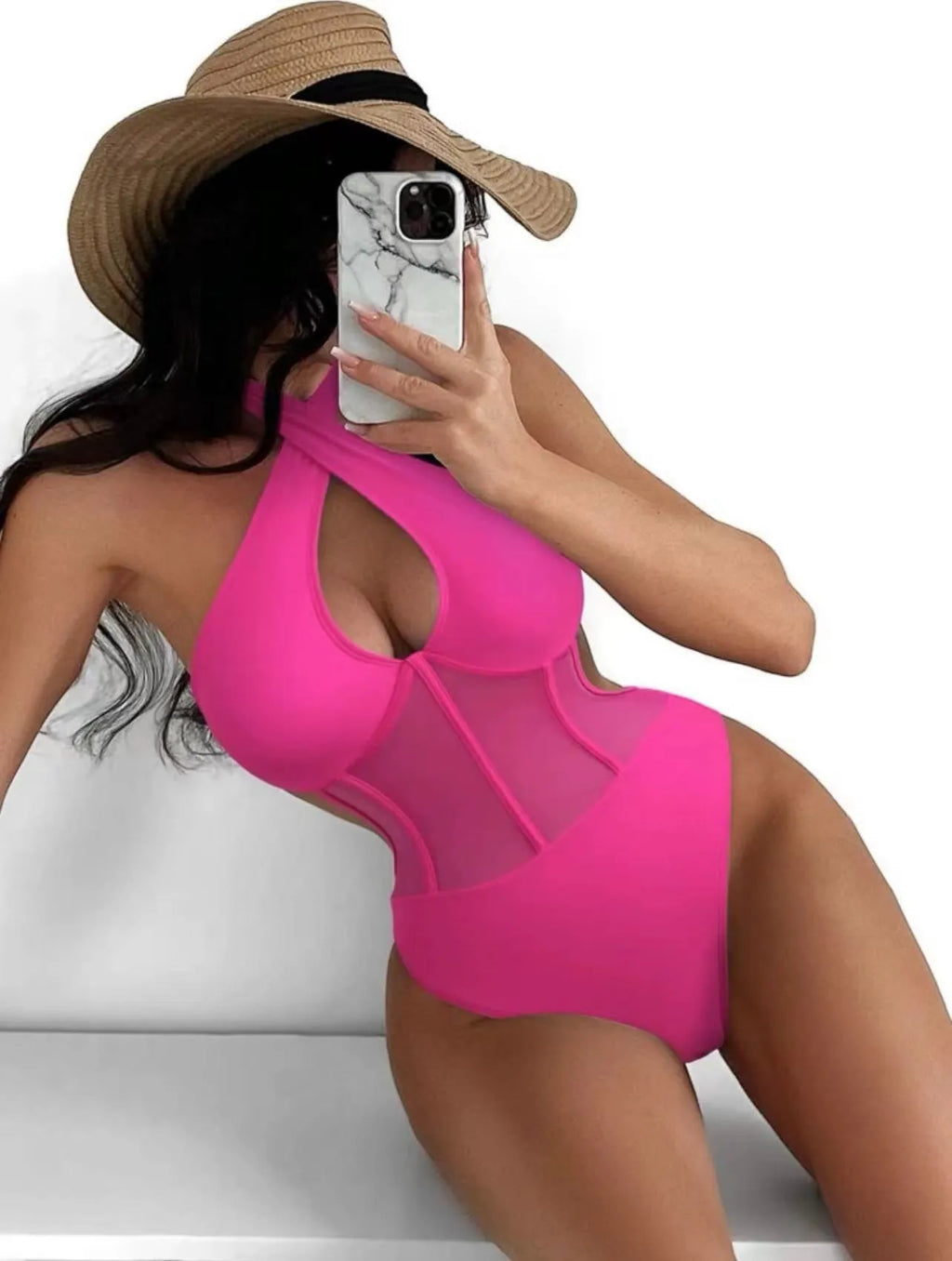 Ladies black one-piece swimsuit with bikini styling in nylon and spandex fabric