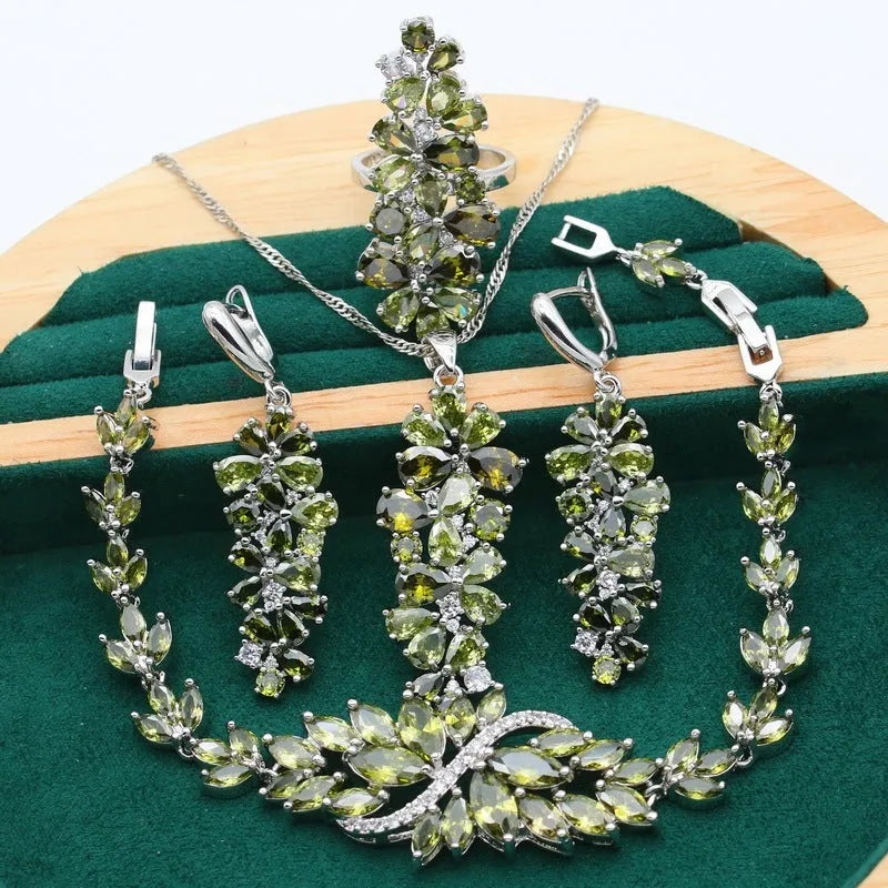 Retro botanical jewellery set with plants pattern in alloy and copper with zircon stones