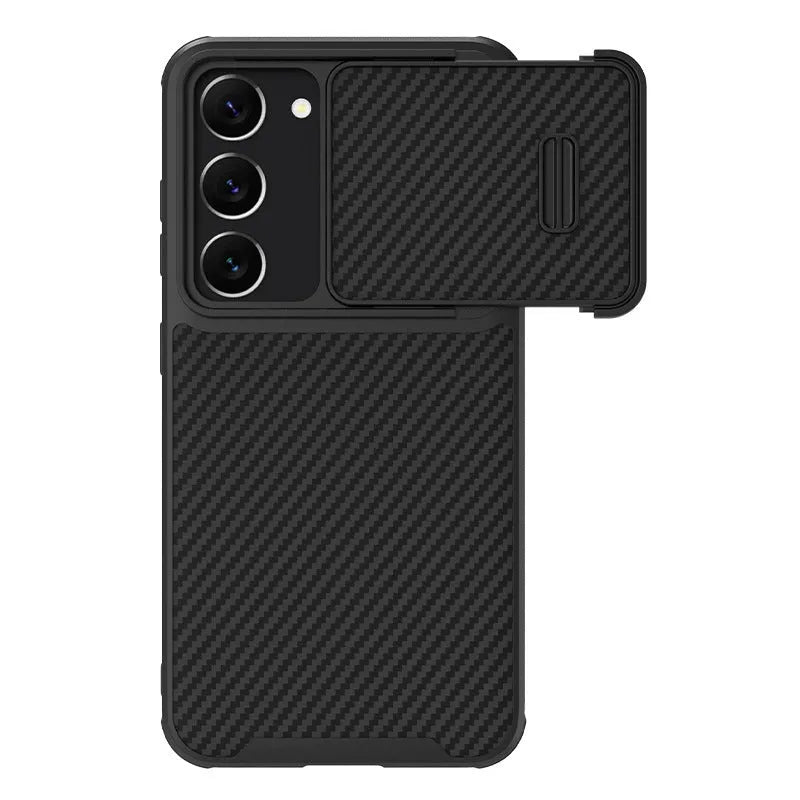 Black Samsung S23 Ultra mobile phone case with a flip-up lens cover over the camera, showing TPU+PC+carbon fibre construction.