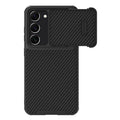 Black Samsung S23 Ultra mobile phone case with a flip-up lens cover over the camera, showing TPU+PC+carbon fibre construction.