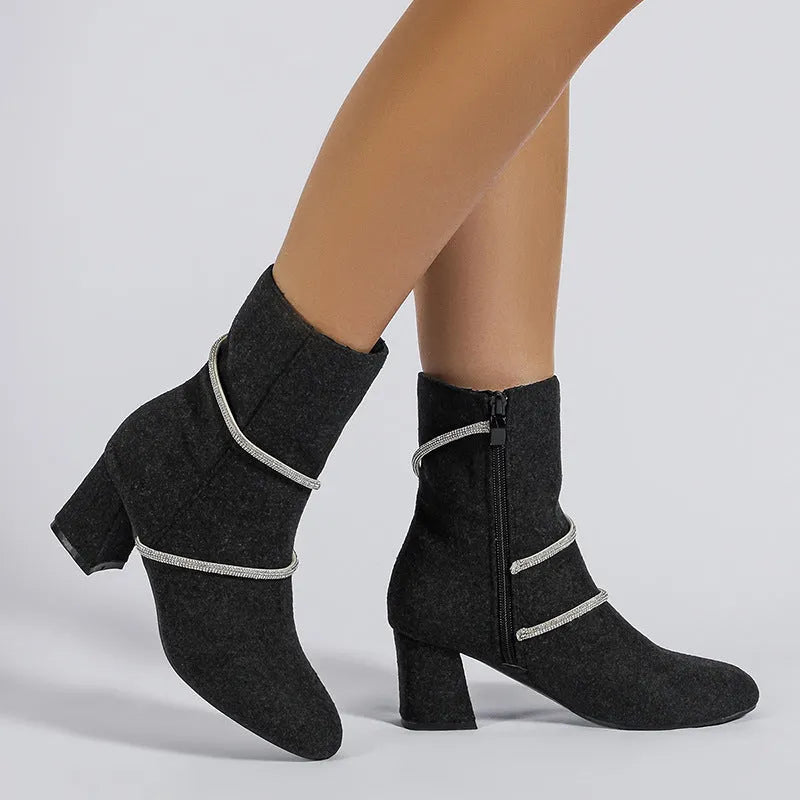 Chunky mid heel suede boots with rhinestone chain design in black for women