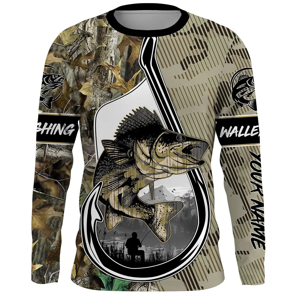 Men's grey pullover top with a colourful fish print design on the long sleeves.