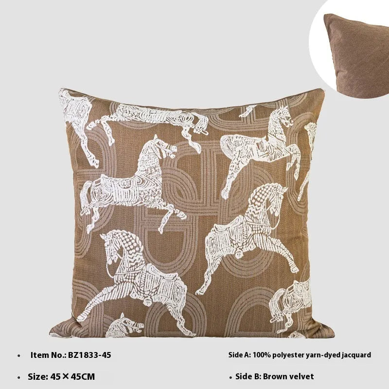Chinese ancient style square sofa cushion with geometric pattern in brown Maillard colours, 45cm.