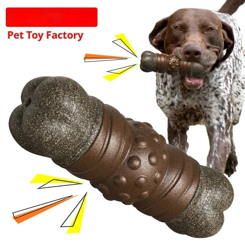 Wood colour plastic bone-shaped dog toy with removable dental cleaning rod inserted.