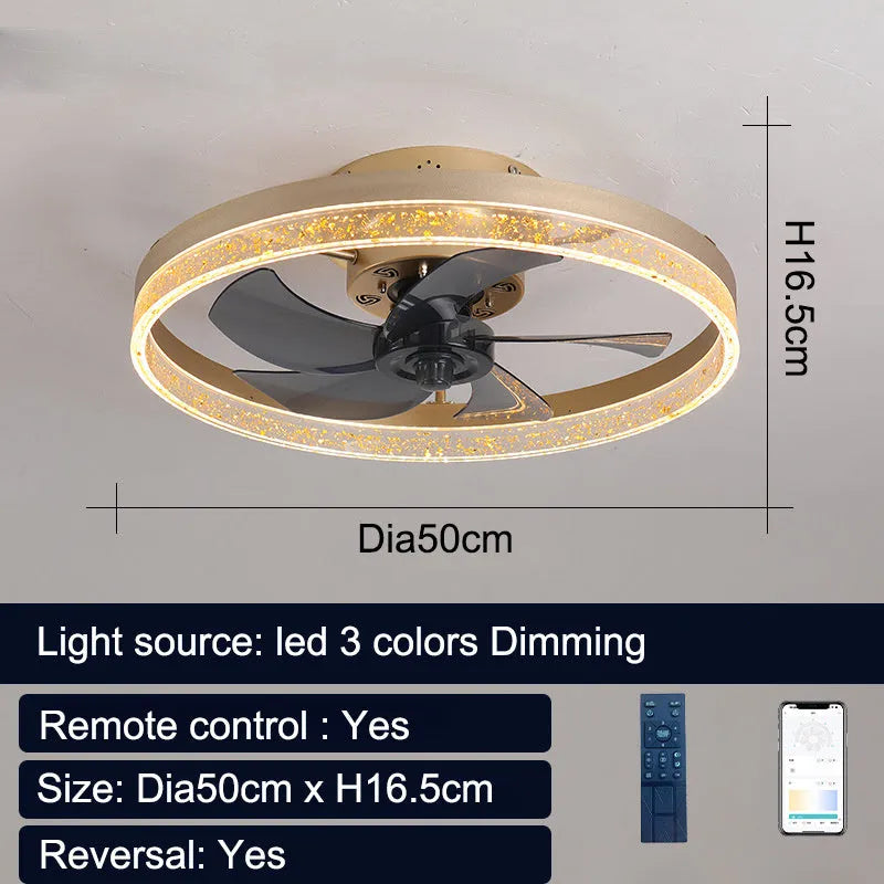Nordic style remote control ceiling fan lamp with LED lights in a coffee gold finish.