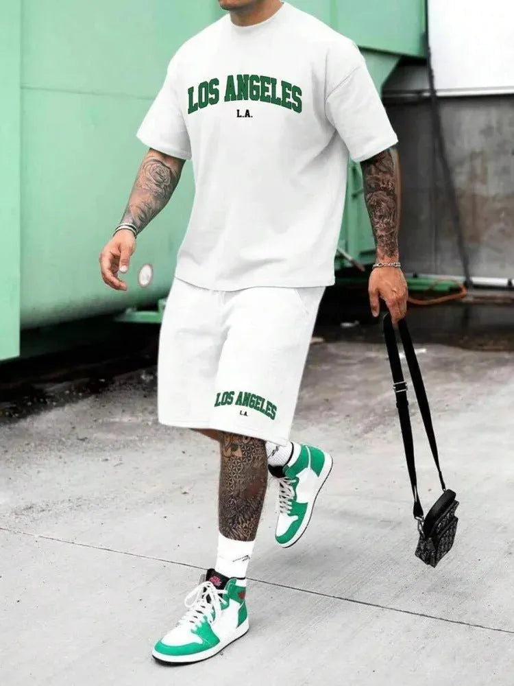 Men's personality letter print suit set with short sleeves and matching shorts