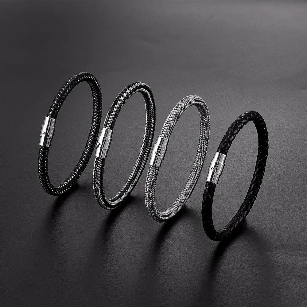 Titanium steel geometric wire bracelet with magnetic clasp shown in silver tone