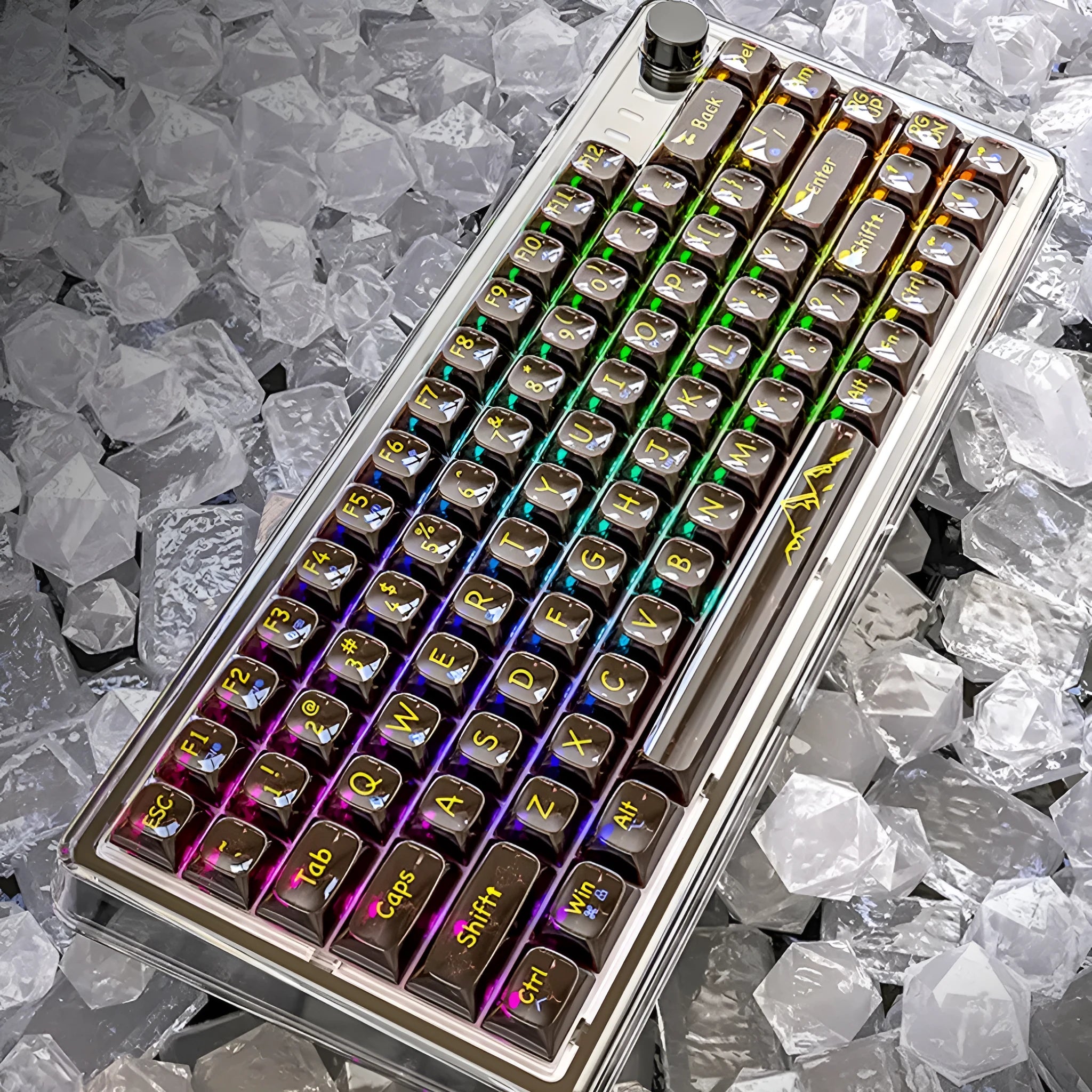 Attack Shark K75RGB wireless mechanical keyboard with transparent case showing internal components