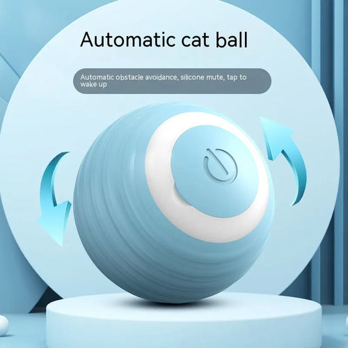 Blue automatic moving cat toy ball with USB charging cable on floor