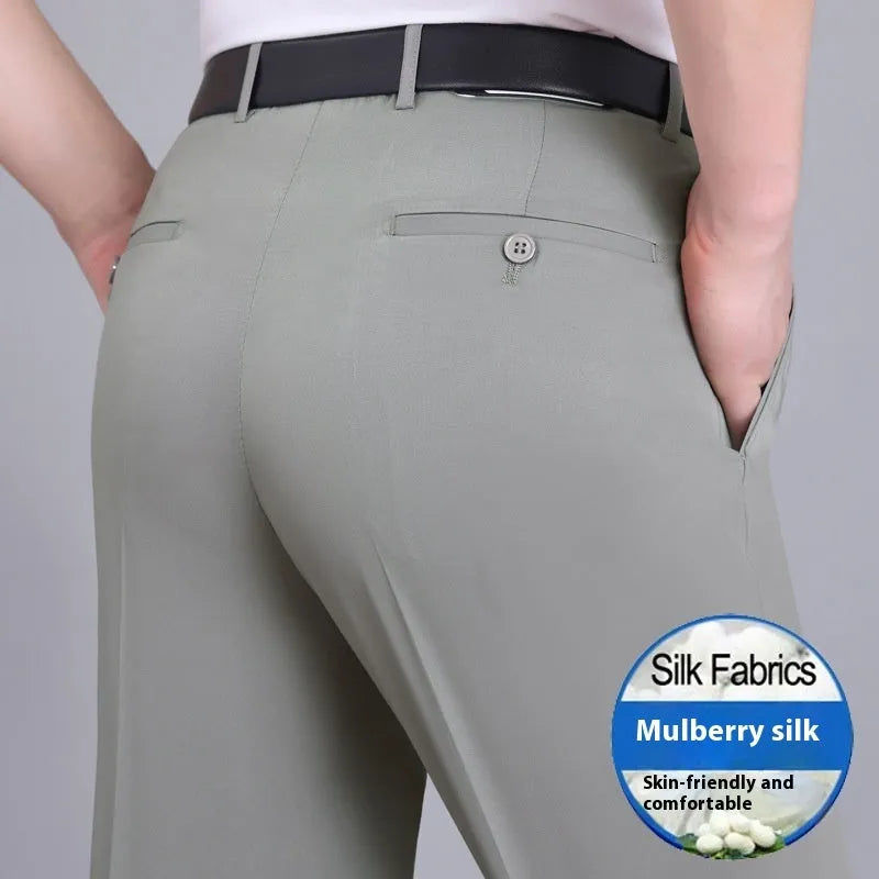 Men's straight-leg business trousers in mulberry silk blend fabric with high waist design