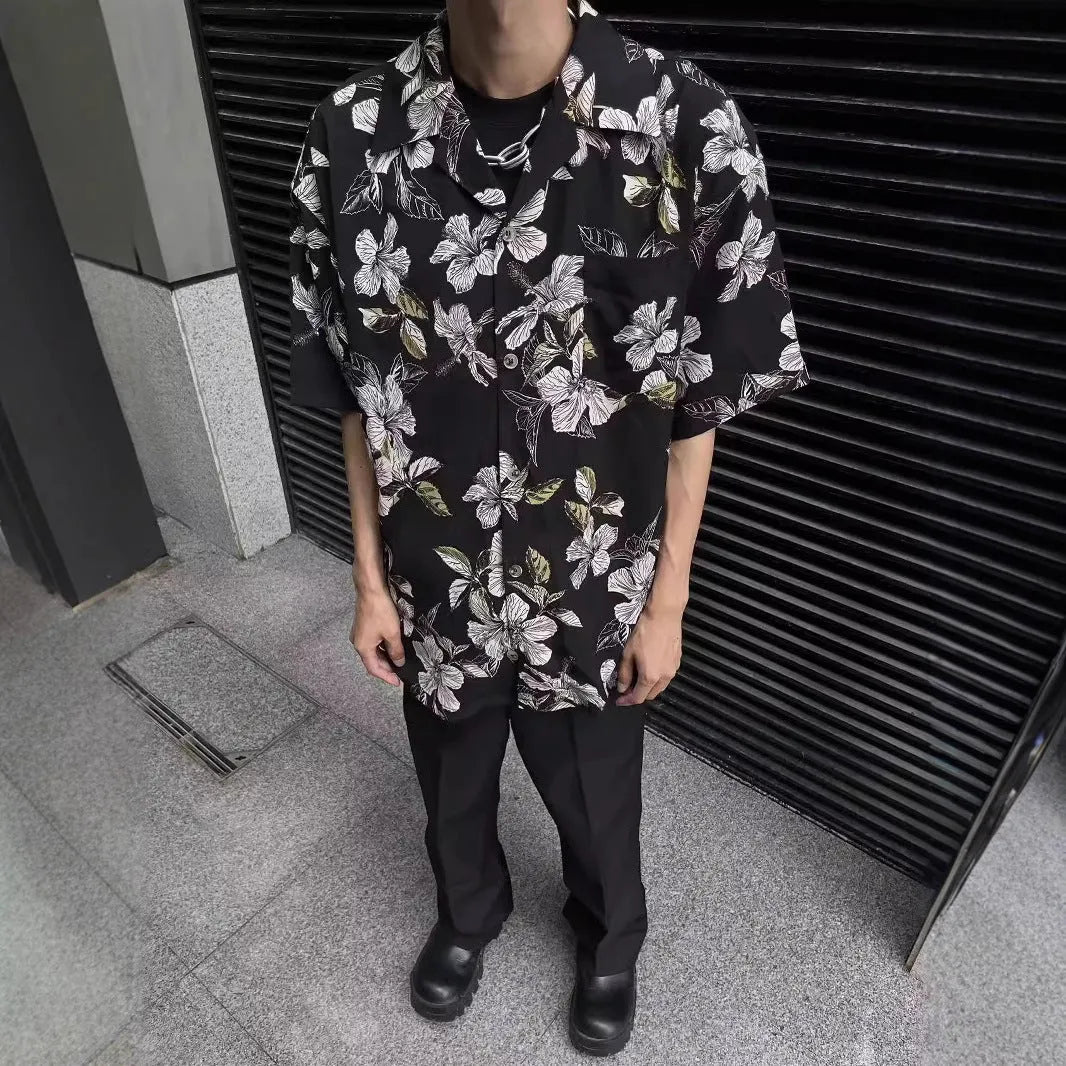 Black floral print men's shirt with a vintage Cuban collar and short sleeves, made from ice silk fabric.