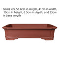 Large rectangular purple clay bonsai flowerpot shown in three available sizes for garden or indoor use.