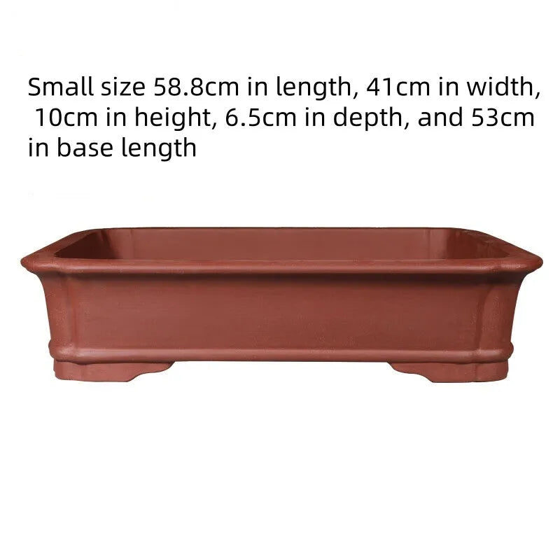 Large rectangular purple clay bonsai flowerpot shown in three available sizes for garden or indoor use.