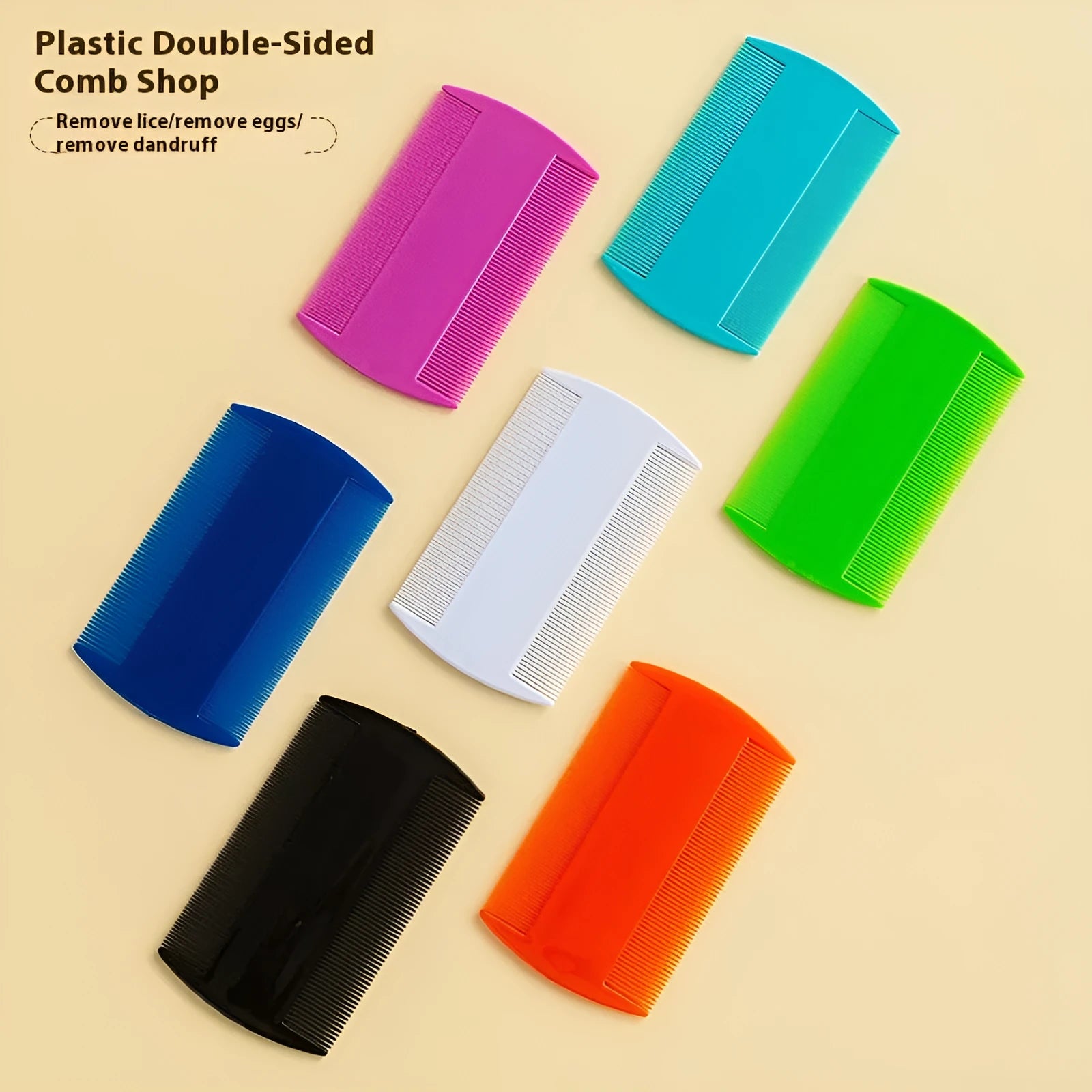 Double-sided fine tooth plastic comb for lice and fleas in various colours on a white background.