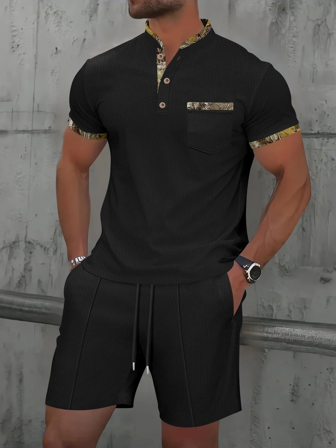 Men's grey waffle texture zipper polo collar short sleeve top with matching shorts sports set