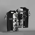 Black loose fit T-shirt with 3D digital printing showing dimensional pattern detail
