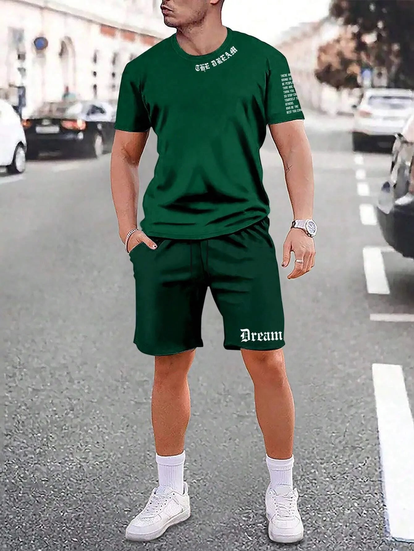 Sports style short-sleeved shorts set with printed pattern, loose fit shorts, and quick-dry fabric