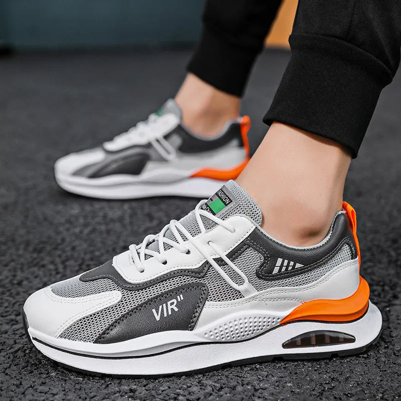 Men's grey and black mesh running shoes with a round toe and lightweight EVA sole on a white background.