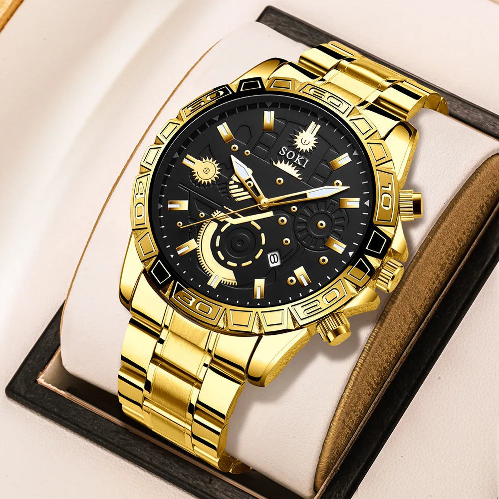 Men's gold business quartz watch with stainless steel strap showing 10mm thickness and single folding buckle