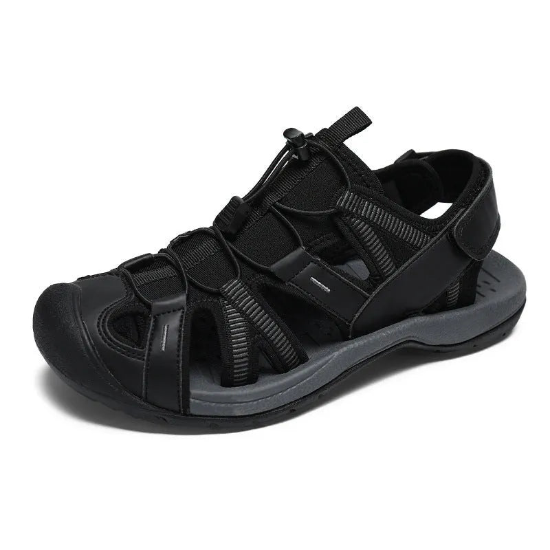 Men's blue mesh velcro sports shoe with rubber sole and toe holder design on a white background