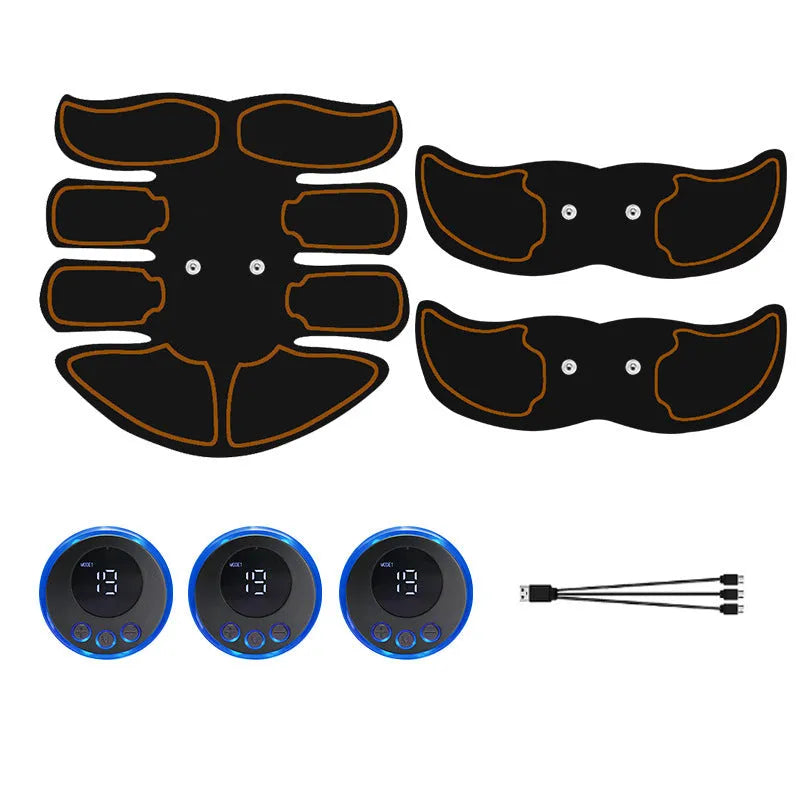 Abdominal muscle patch showing six electrode areas and digital display with charging port