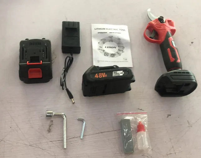 Cordless electric pruning shears with lithium battery in plastic storage case