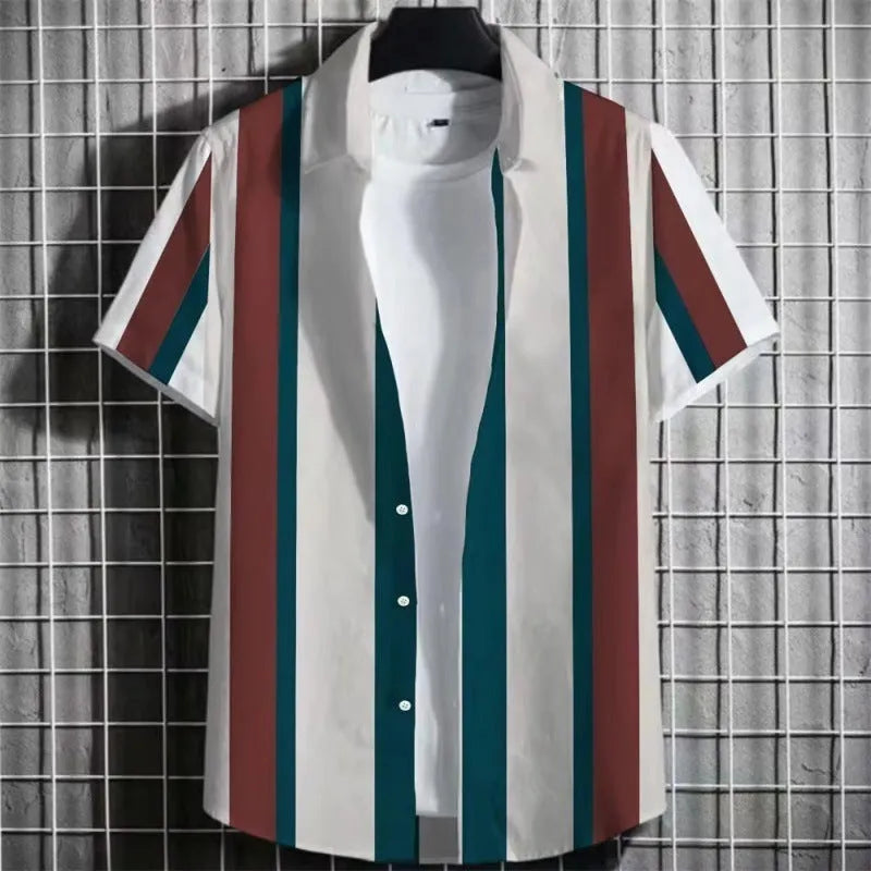 Men's striped linen short sleeve t-shirt with 3D printing design in multiple colour options