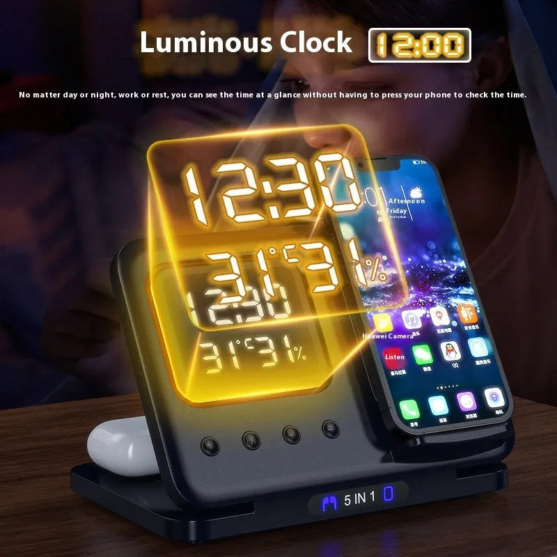 Black and white 15W wireless charging station with LED display showing time, charging phone, watch and headphones