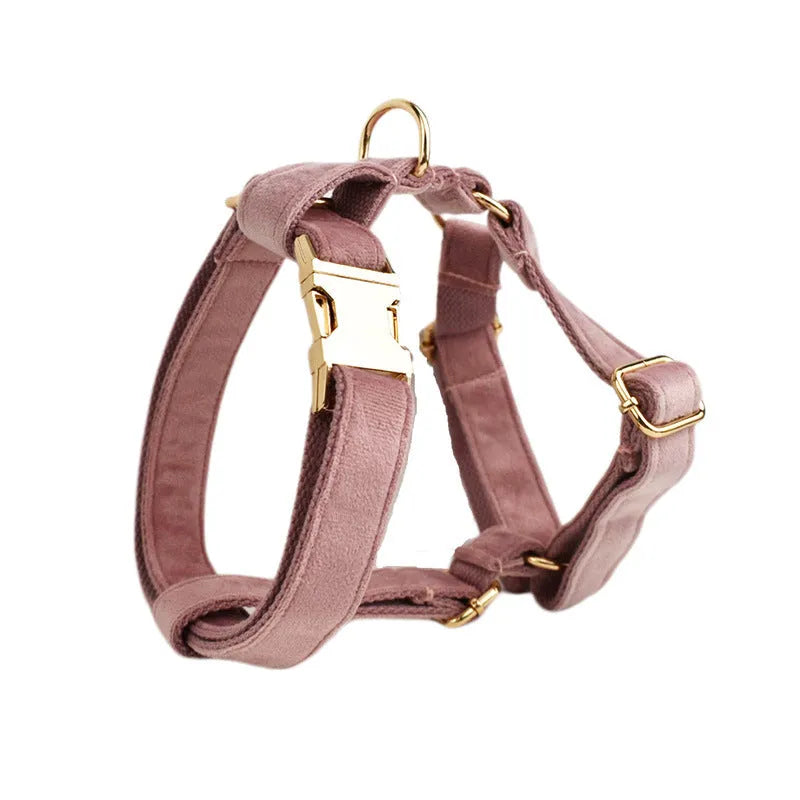 Light purple pink velvet dog collar and leash set with matching accessories for small to medium dogs